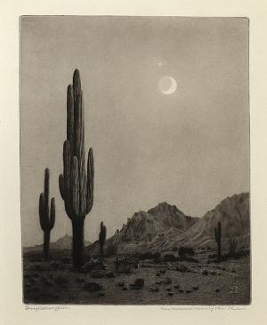George Elbert Burr, New Moon and Morning Star, Phoenix , Arizona, etching, circa 1925, engraving, fine art, for sale, denver, gallery, colorado, antique, buy, purchase