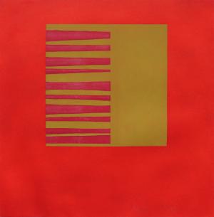 Red Abstract with Gold Square and Red Stripes, monotype, circa 1990, Print, modernist, midcentury, modern, abstract, Art, for sale, Denver, Colorado, gallery, purchase, vintage