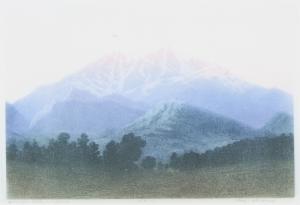 George Elbert Burr, Longs Peak, Estes Park, Colorado, No. 2, aquatint, etching, circa 1920, color, landscape, mountain, blue green, Vintage, Fine art, original, for sale, purchase, gallery, museum, Denver, Colorado, consign
