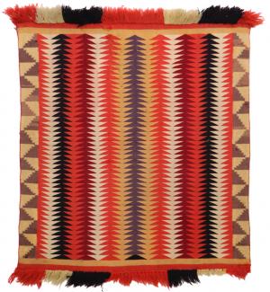 Germantown Weaving, Single Saddle Blanket, red, orange, yellow, gold, purple, brown, gray, white, fringe, Dine, Art, for sale, Denver, Colorado, gallery, purchase, vintage, textile, weaving, antique, 1880, transitional, 19th century, native American, American Indian, southwest, wool, new mexico
