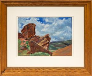 Herndon Davis, "The Park of the Red Rocks, Colorado", oil, painting, red rocks, amphitheater, landscape, modernist, blue, brown, green, vintage, art, for sale, purchase, denver, colorado, gallery, museum, historic