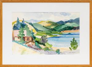 Rita Derjue, Evergreen Lake, Colorado, painting, landscape, lake, mountain, evergreen, tree, woman, female, artist, modern, watercolor, 21st century, Fine art, art, for sale, buy, purchase, Denver, Colorado, gallery, historic, antique, vintage, artwork, original, authentic 