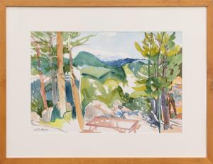 Rita Derjue, painting, landscape, Picnic, table, Pine Tree, Mountain, watercolor, circa 1990-2000, woman, female, artist, modern, Fine art, art, for sale, buy, purchase, Denver, Colorado, gallery, historic, antique, vintage, artwork, original, authentic 