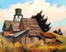 Jon Blanchette, "Water Towers of Mendocino (Northern California)", oil, circa  1955 painting fine art for sale purchase buy sell auction consign denver colorado art gallery museum       