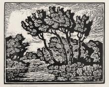 sandzén, Sven Birger Sandzen, "Brook with Cottonwoods", linoleum cut, c. 1934