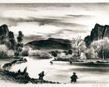 Adolf Arthur Dehn, "Fishing In Colorado", lithograph, c. 1940