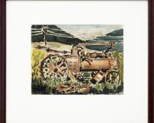 Kathleen Vavra, Colorado mountain landscape painting, for sale, antique Tractor, field, power line, grass, watercolor, circa 1930-1950, denver artists guild, "kathleen huffman"