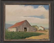 Jon Blanchette, "Untitled (White Barn, Southern California)", oil, circa 1955, painting, for sale purchase consign auction denver Colorado art gallery museum