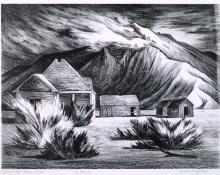 Jenne Magafan, "Deserted Farm House, edition of 11", lithograph, c. 1942