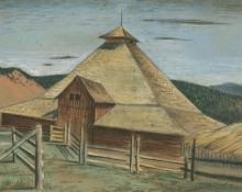 Jenne Magafan, "Barn in Carbondale", pastel on paper, 1940