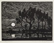 Sven Birger Sandzen, "Moonrise on the Smoky River, 1 edition printed", woodcut, 1922 graphic work woodblock