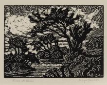 Sven Birger Sandzen, "River Nocturne, 2 editions printed", woodcut, 1928 woodblock