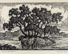 sandzén, Sven Birger Sandzen, "Pond with Willows", linoleum cut, 1937