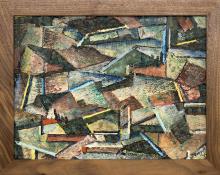 Charles Bunnell, oil painting for sale, Abstract Mountain Mining Town, oil painting, 1954, mid-century modern, broadmoor art academy, colorado springs