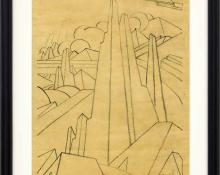 Charles Bunnell original vintage drawing for sale, modernist Rock Formations with Clouds, charcoal, circa 1930, wpa era 