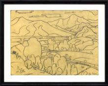 Charles Bunnell vintage drawing for sale, Colorado Springs, pikes peak, Landscape with Mountains, Colorado, graphite, circa 1930, wpa era, modernist, modernism