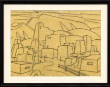 charles bunnell kansas city landscape drawing for sale, houses and hills, modernist, wpa era, regionalist