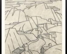 Charles Bunnell, Mine in the Mountains, Colorado, vintage landscape art for sale, graphite, circa 1935, broadmoor academy