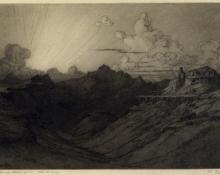 George Elbert Burr, "Desert Sunset; 9/40 (from the Desert Set)", etching, c. 1920 painting for sale