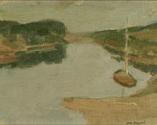 Leon Shulman Gaspard, "Boat in River Inlet", oil, early 20th century