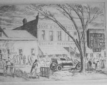 Ward Lockwood, "The Plaza Taos", etching, 1928 graphic print litho