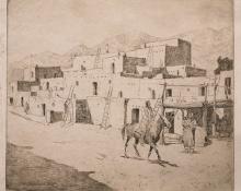 Edward Borein, "A Street in Taos", etching, 1915