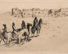 Edward Borein, "Navajo Visitors at Oraibi", etching, circa 1925