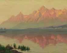 Charles Partridge Adams, "Teton Range - Wyoming - from Jackson Lake (Just after Sunrise)", oil, c. 1910