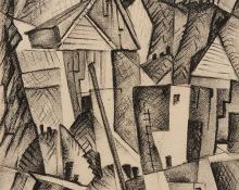 Howard Behling Schleeter, "Houses", charcoal, 1943 painting for sale purchase auction consign denver colorado art gallery museum