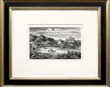 Frederick Shane, "Farm in the Rockies (Colorado)", lithograph, 1938, Fred Shane, WPA era, modernist, mountain landscape, black & white, framed, vintage colorado art for sale, print