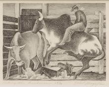 Ethel Magafan, "Riding the Brahmas, #64/70", lithograph, 1938 print for sale purchase auction art gallery