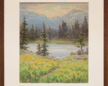 Elsie Haynes, "Untitled (Lake and Mountains, Near Estes Park, Colorado)", pastel, circa 1940 for sale purchase consign auction denver Colorado art gallery museum