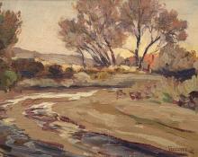 20th century landscape painting, framed oil painting, new mexico landscape, landscape with trees and river