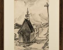 Muriel Sibell Wolle, "Back of Sheldon Jackson Memorial Chapel (Fairplay, Colorado)", conte crayon, 1933 for sale purchase consign auction denver Colorado art gallery museum