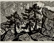 Birger Sandzen, "Rocks, Snow and Pines (Rocky Mountain National Park, Colorado)", woodcut, 1921 painting for sale purchase auction consign denver colorado art gallery museum