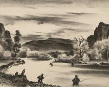 Adolf Arthur Dehn, "Fishing in Colorado", lithograph, 1944 painting for sale purchase auction consign denver colorado art gallery museum