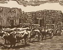 Anna Elizabeth Keener, "Oxen and Carts, 20/25", woodcut painting for sale purchase consign auction art gallery denver colorado historical sandzen student