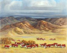 Anna Elizabeth Keener, "Herefords on the Range", oil, 1963 painting for sale purchase consign auction art gallery denver colorado historical sandzen student