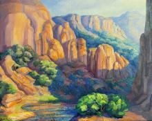 Anna Elizabeth Keener, "Near Moab", Utah oil, 1970 painting for sale purchase consign auction art gallery denver colorado historical sandzen student