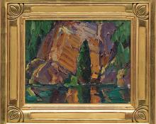Nellie Augusta Knopf, "Untitled (Edge of Lake St. Mary, Glacier National Park)", oil, circa 1925 painting fine art for sale purchase buy sell auction consign denver colorado art gallery museum