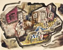 Frank Pancho Gates, art for sale, modernist Colorado Farm, watercolor, circa 1935, wpa era, barn, house, woman, man, brown, red, white, black, blue