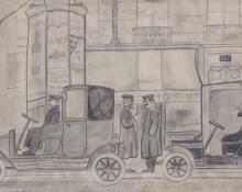 Hilaire Hiler, "Untitled (Taxi Drivers, Paris, France)", graphite, 1927, vintage, drawing, black, white, gray, male figures, taxi cab, paris, france, french street scene