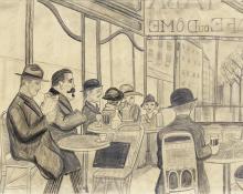 Hilaire Hiler, "Untitled (Café Du Dome, Paris)", graphite, 1927, cafe du dome, paris, france, original, vintage, drawing, sketch, male, female, 1920s, newspaper, wine, bar, 