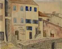 Hilaire Hiler, "Untitled (Restaurant, Pension Complete, Paris, France)", mixed media, August 15, 1930, france, hotel, street, vintage, 1920s, art for sale, restaurant