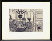 Hilaire Hiler, 1920s drawing for sale, Men in a Café, Paris, France, graphite, circa 1925