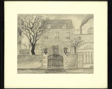 Hilaire Hiler, "Untitled (Fabrique des Bébé, Paris)", graphite, circa 1925, vintage art, drawing, paris, france, sketch, house, fabriqye des bebe, black, white, gray, original, signed