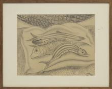hilaire hiler fish market, still life, poisson, graphite drawing for sale, vintage 1920s