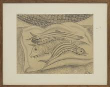 hilaire hiler fish market, still life, poisson, graphite drawing for sale, vintage 1920s