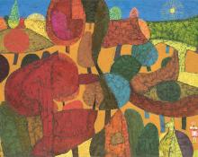 Edward Marecak, Persephone, oil painting, vintage, 1980's, art for sale, denver, modernist, red, gold, orange, blue, yellow, purple, pink, fuchsia, sun, houses, trees, girl