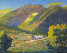 Harold Vincent Skene, "Camp Bird Mine (Ouray, Colorado)", vintage oil landscape painting for sale, 1965, mountains, summer, spring, green, aspen trees, cabin, telluride